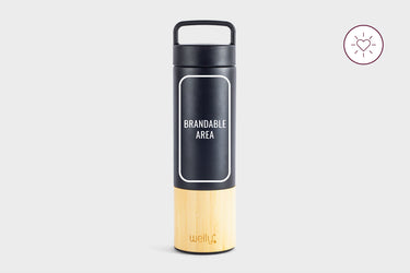 Welly black and bamboo water bottle with handle lid and front brandable area